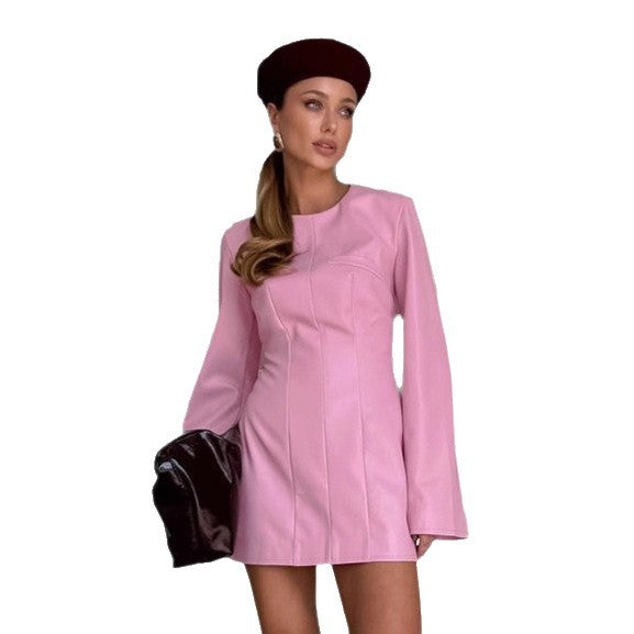 Damen Kunstleder Minikleid mit weitem Schnitt und eleganten Details Drune