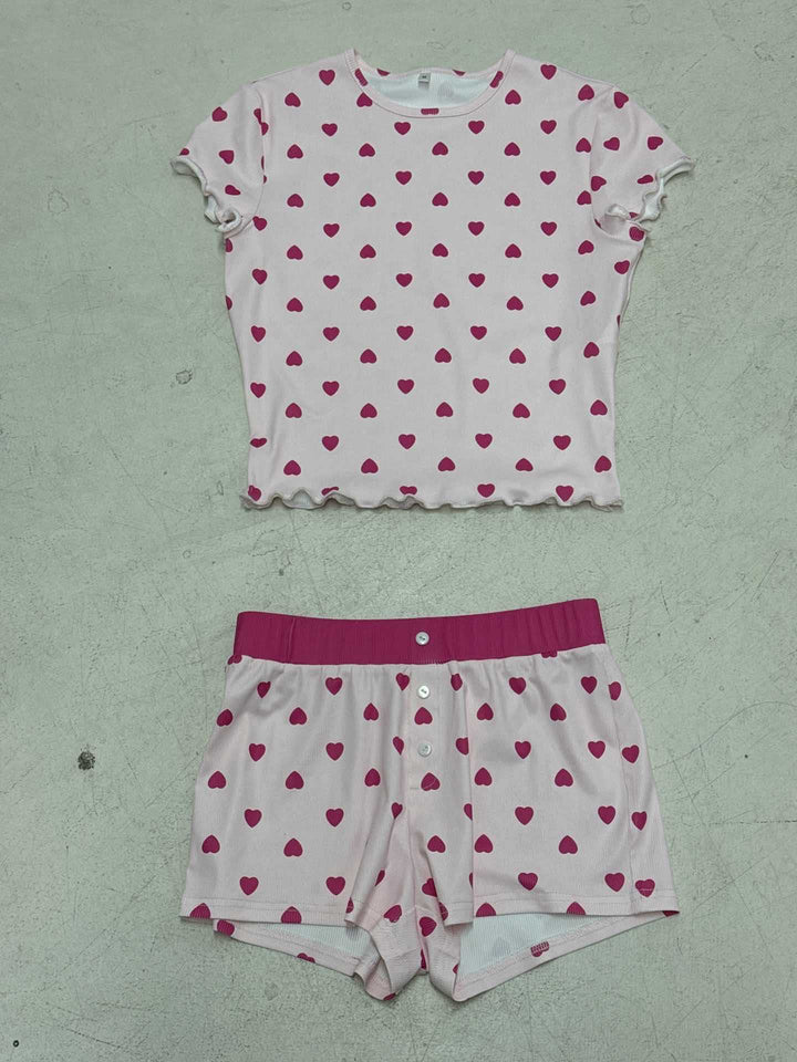 Damen Pyjama Set mit herzförmigem Muster und elastischem Bund Drune