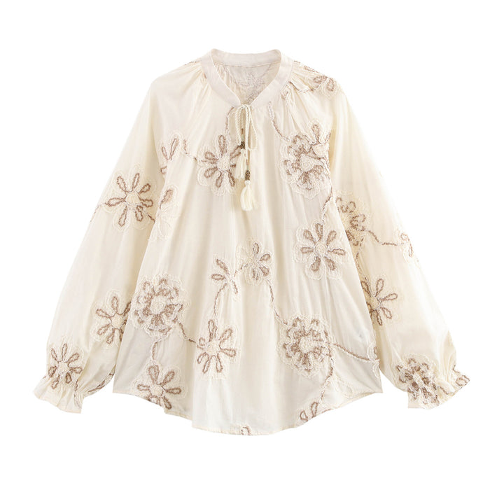 Damen Bluse mit floralem Stickmuster und eleganten Quasten Drune