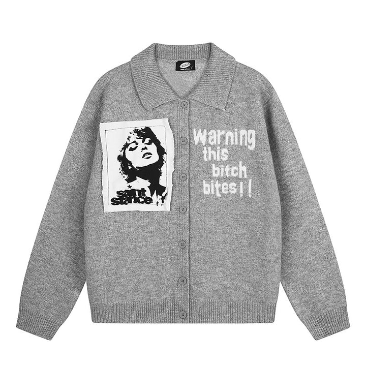 Damen Strick-Cardigan mit Hemdkragen, Knopfleiste und Statement-Patch Drune