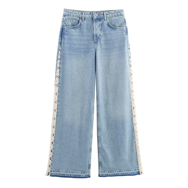 Damen weite Jeans mit floralen Spitzenapplikationen Drune
