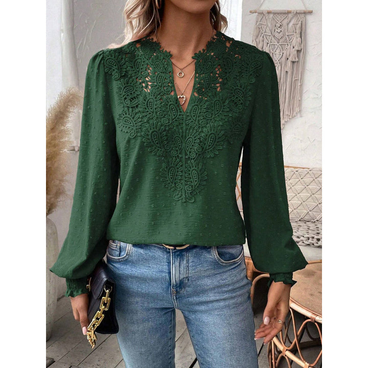 Damen Bluse mit gesticktem V-Ausschnitt und langen Ärmeln Drune