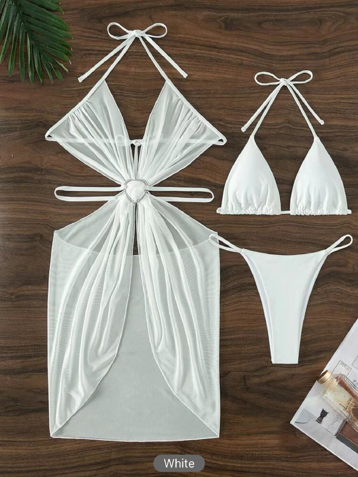 Damen Bikini-Set mit verspieltem Herzdesign und transparentem Überwurf Drune