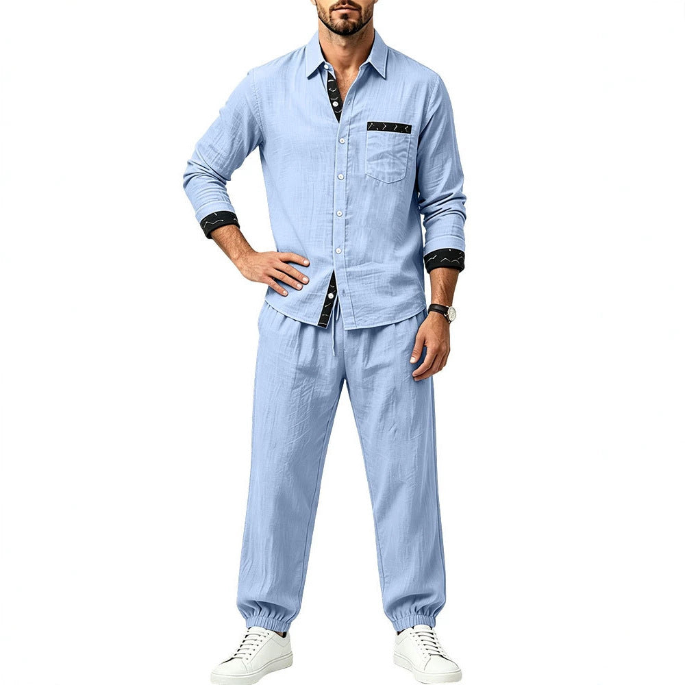 Herren Leichter Baumwoll-Loungewear-Zweiteiler mit Hemd und Kordel-Jogger Drune