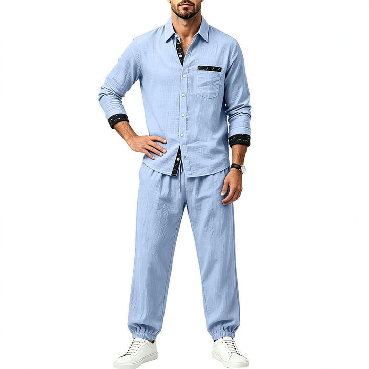 Herren Leichter Baumwoll-Loungewear-Zweiteiler mit Hemd und Kordel-Jogger Drune