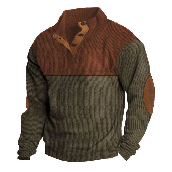 Herren nan grober Rippstrick-Pullover mit Stehkragen, Knopfleiste und markanten Ellenbogenpatches Drune