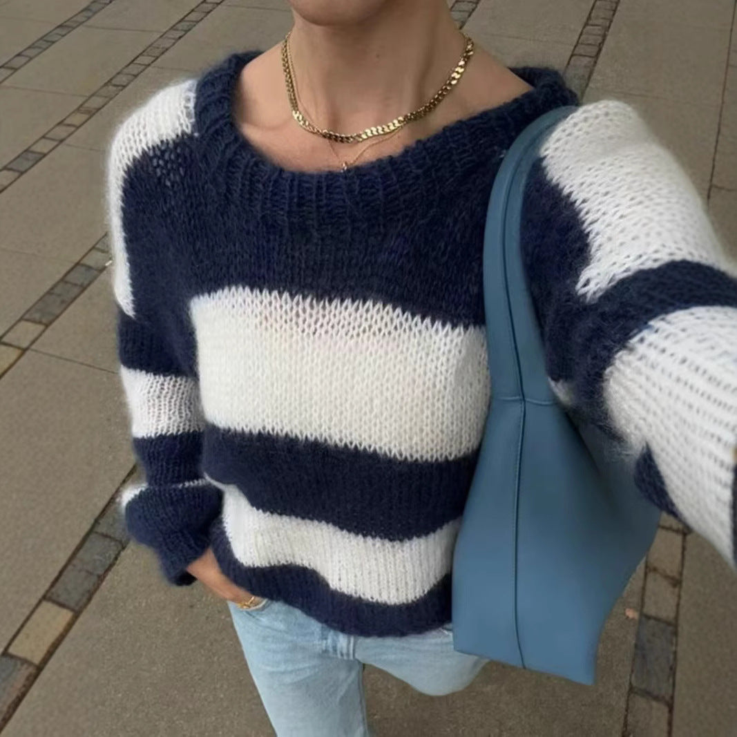 Damen Oversize-Strickpullover mit breiten Blockstreifen und Rundhalsausschnitt Drune