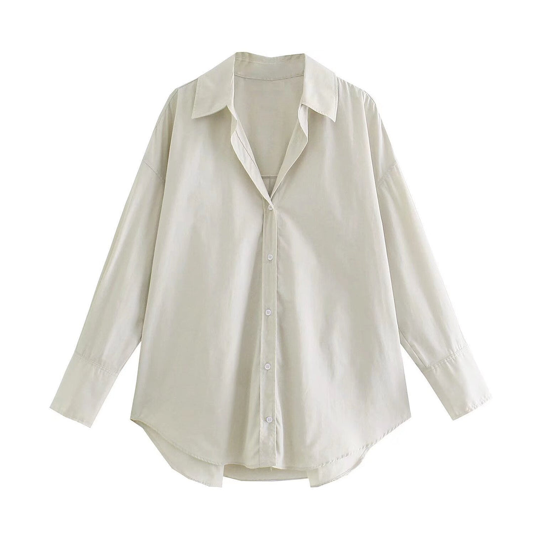 Damen nan oversized Longbluse mit Kentkragen, durchgehender Knopfleiste und abgerundetem Saum Drune