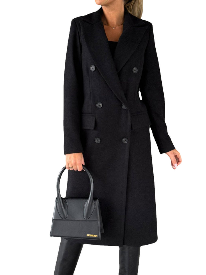 Damen Doppelreihiger Midilanger Wollmantel mit Reverskragen und taillierter Silhouette Drune