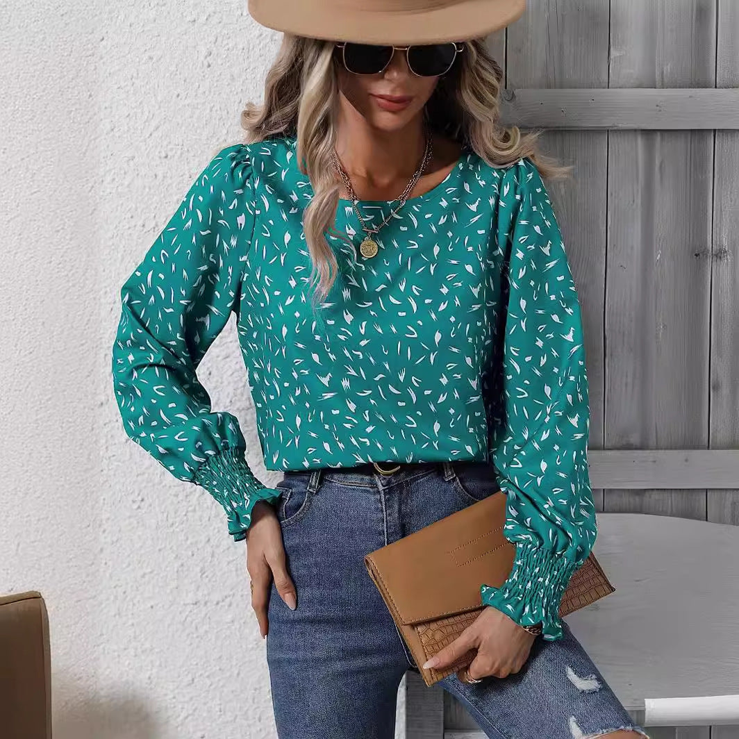 Damen elegante Bluse mit raffinierten Puffärmeln und zartem Muster Drune