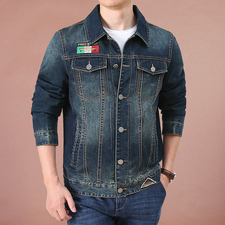 Herren Jeansjacke im Vintage-Look mit Patches und bedrucktem Innenfutter Drune