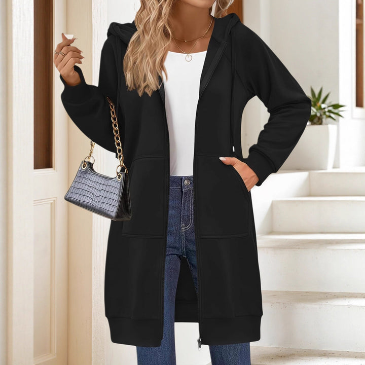 Damen Lange Kapuzenjacke mit Reißverschluss und praktischen Taschen Drune