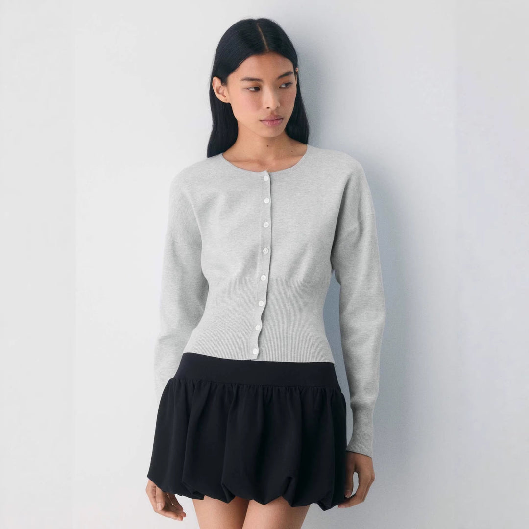 Damen Cropped Strickjacke mit Knopfleiste und Rippstrick Drune