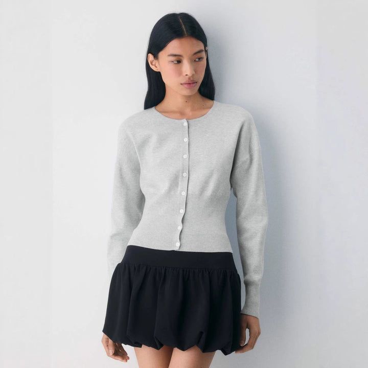 Damen Cropped Strickjacke mit Knopfleiste und Rippstrick Drune