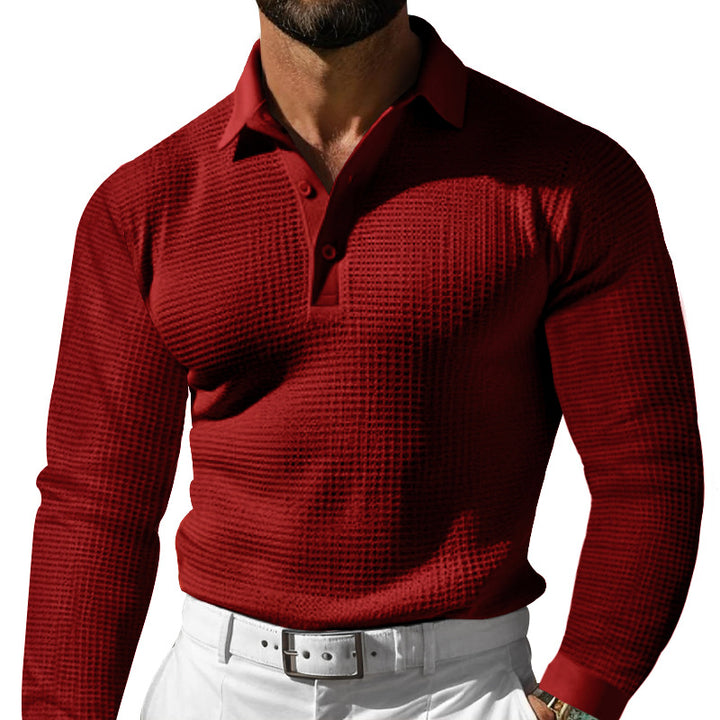 Herren Waffelstruktur-Poloshirt mit Langarm, Slim-Fit und Kentkragen Drune