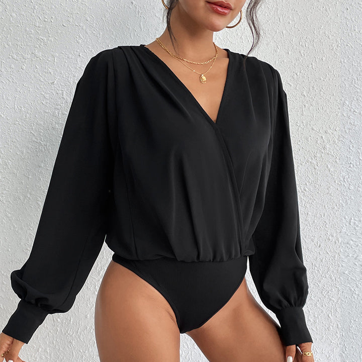 Damen Leichte Wickelbluse mit V-Ausschnitt, gerafften Schultern & Ballonärmeln Drune