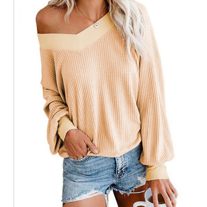 Damen Off‑Shoulder Waffelstrickpullover mit weitem Arm und elastischen Bündchen Drune