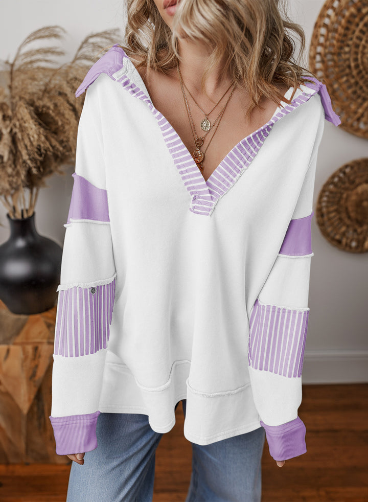 Damen Oversize Sweatshirt mit V-Ausschnitt, gestreiften Ärmelaufsätzen und Kontrastdetails Drune