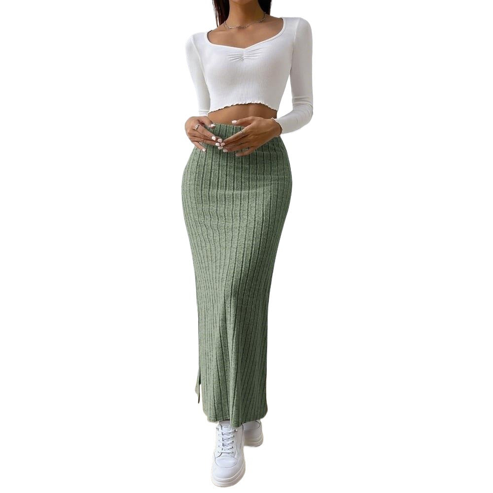 Damen gerippter Midirock mit hohem Bund und figurumspielender A-Linie Drune
