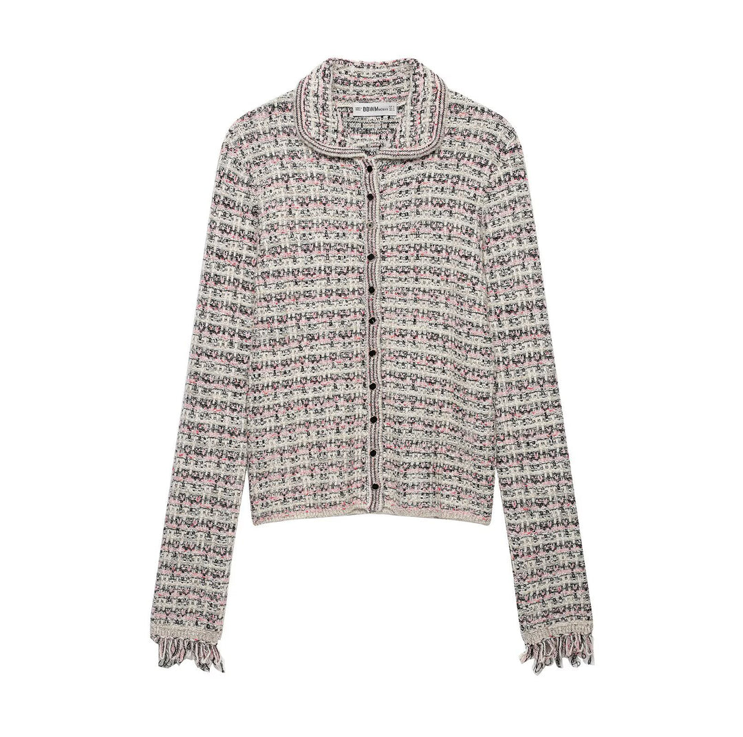 Damen Tweed-Cardigan mit Rundkragen, durchgehender Knopfleiste und Fransenabschlüssen Drune