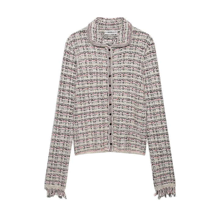 Damen Tweed-Cardigan mit Rundkragen, durchgehender Knopfleiste und Fransenabschlüssen Drune