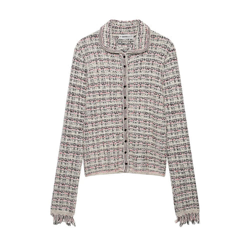 Damen Tweed-Cardigan mit Rundkragen, durchgehender Knopfleiste und Fransenabschlüssen Drune