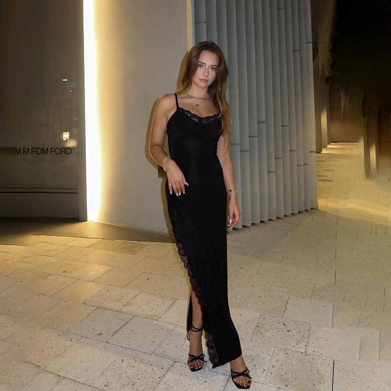 Damen elegantes Spitzen-Maxikleid mit zarten Trägerspitzendetails Drune