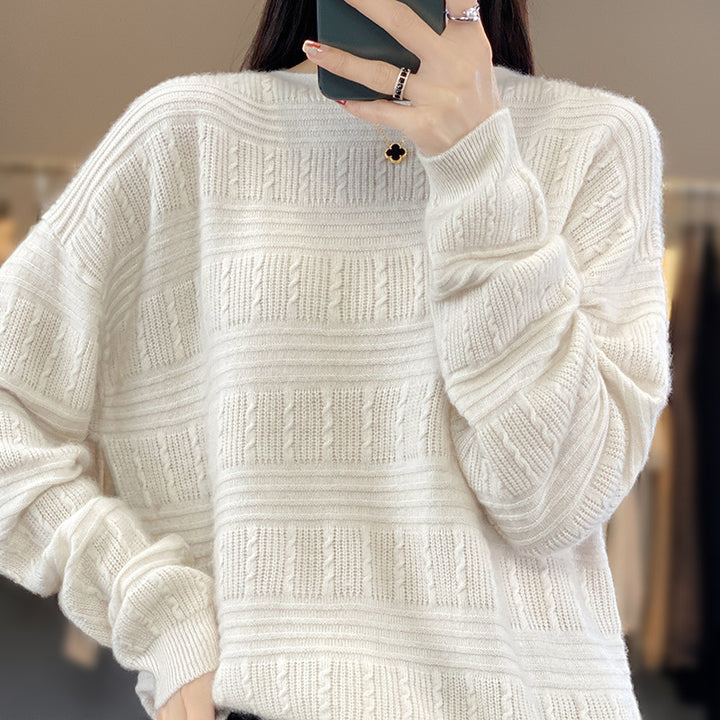 Damen Oversize-Feinstrickpullover mit Strukturblöcken, Mohair‑Look und Rundhalsausschnitt Drune