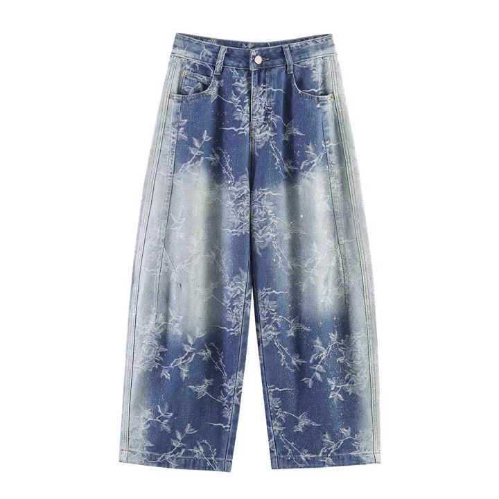 Damen Highwaist Culotte-Jeans mit weitem Bein und floraler Bleach-Optik Drune