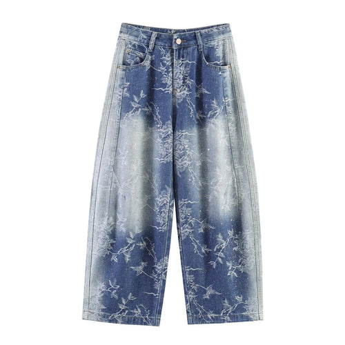 Damen Highwaist Culotte-Jeans mit weitem Bein und floraler Bleach-Optik Drune