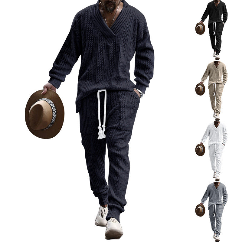 Herren nan grobes Strick-Loungewear-Set mit tiefem V‑Ausschnitt, Kordelzughose und Rippbündchen Drune
