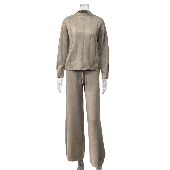 Damen lässiges Strick-Set mit hochabschließendem Pullover und weitem Hosen Drune