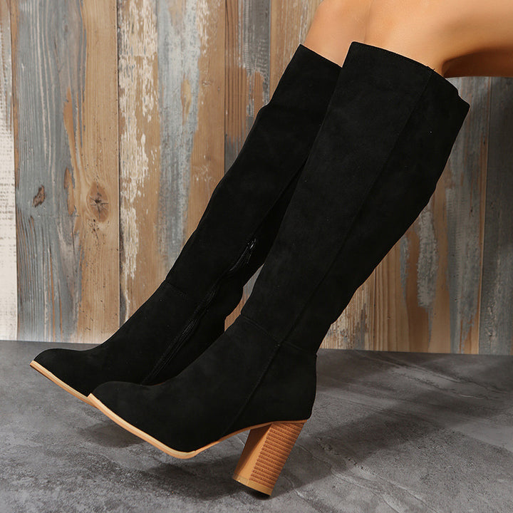 Damen Kniehohe Veloursoptik Stiefel mit skulpturellem Blockabsatz und seitlichem Reißverschluss Drune