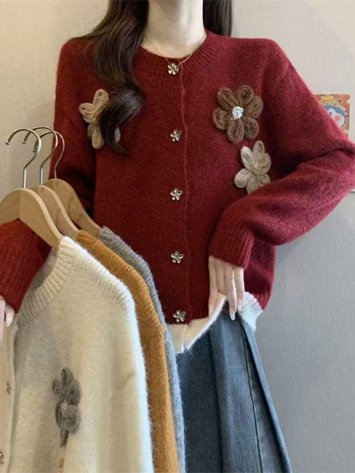 Damen Kuschelige Strickjacke mit floralen Applikationen Drune