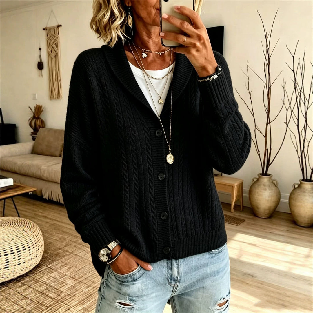 Damen Langer Schalkragen-Cardigan aus Zopfmuster mit gerippten Bündchen Drune