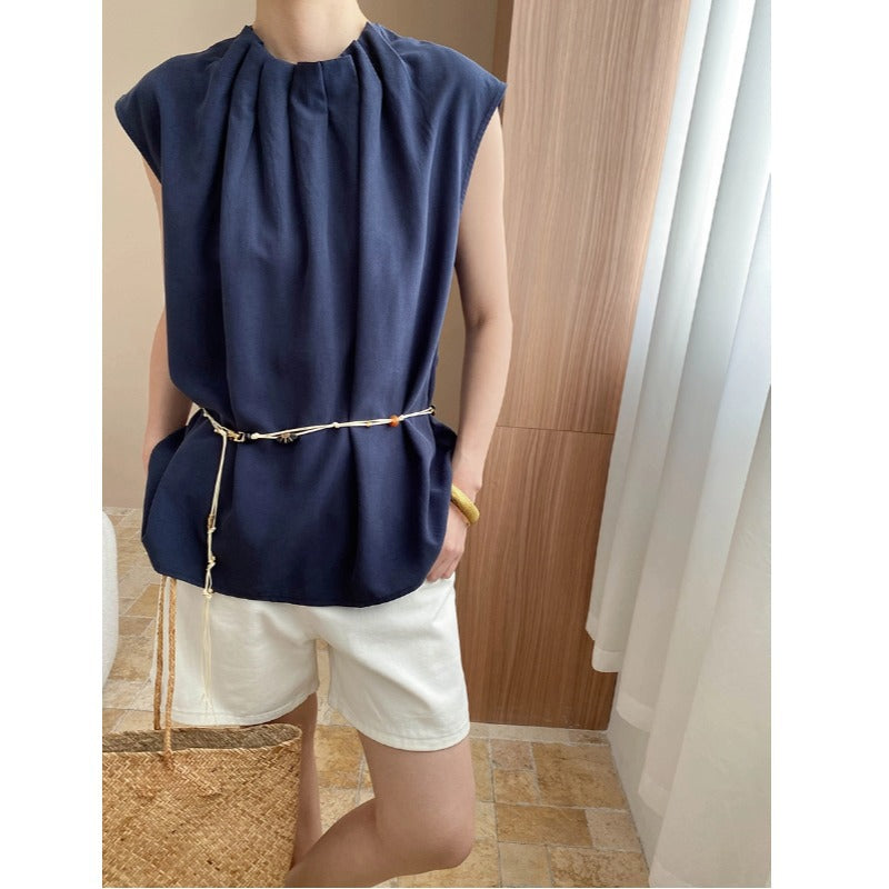 Damen elegantes Oberteil mit dekorativem Kragen und Bindegürtel Drune