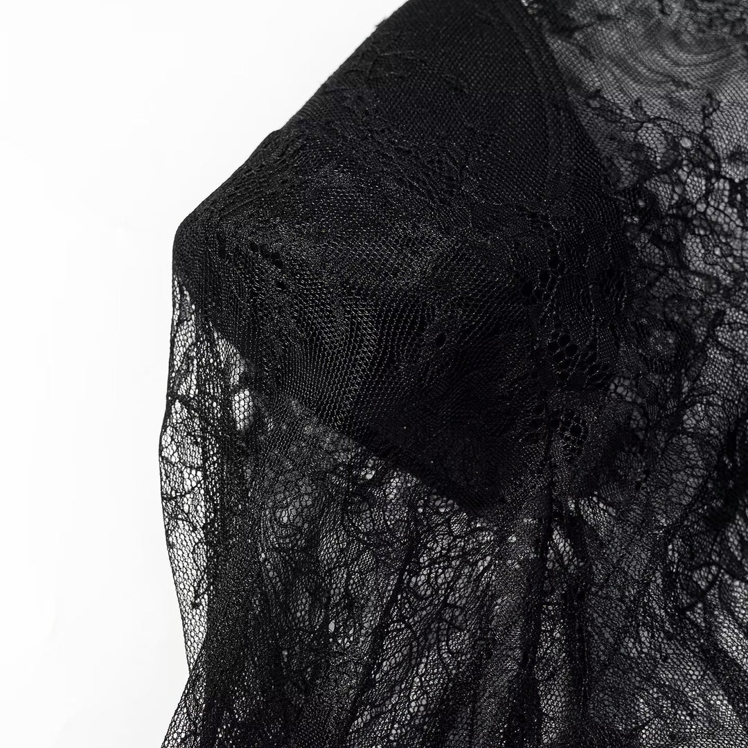 Damen transparente Spitzenbluse mit Stehkragen, Trompetenärmeln und Spitzensaum Drune