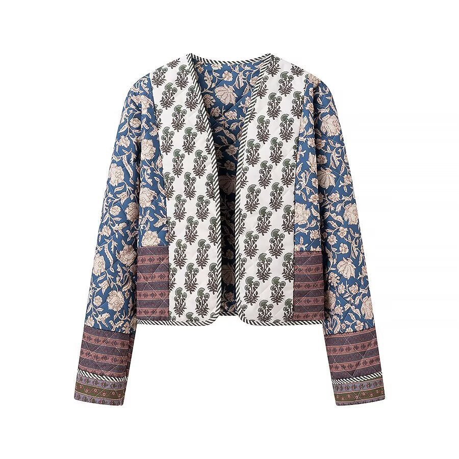 Damen Gesteppte Kurzjacke im Boho‑Patchwork‑Stil mit offenem Vorderteil Drune