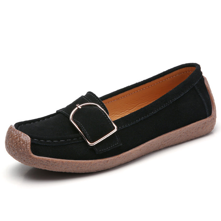 Damen nan Mokassin-Slipper aus Veloursleder mit dekorativer Metallschnalle, gepolstertem Fußbett und rutschfester Gummilaufsohle Drune