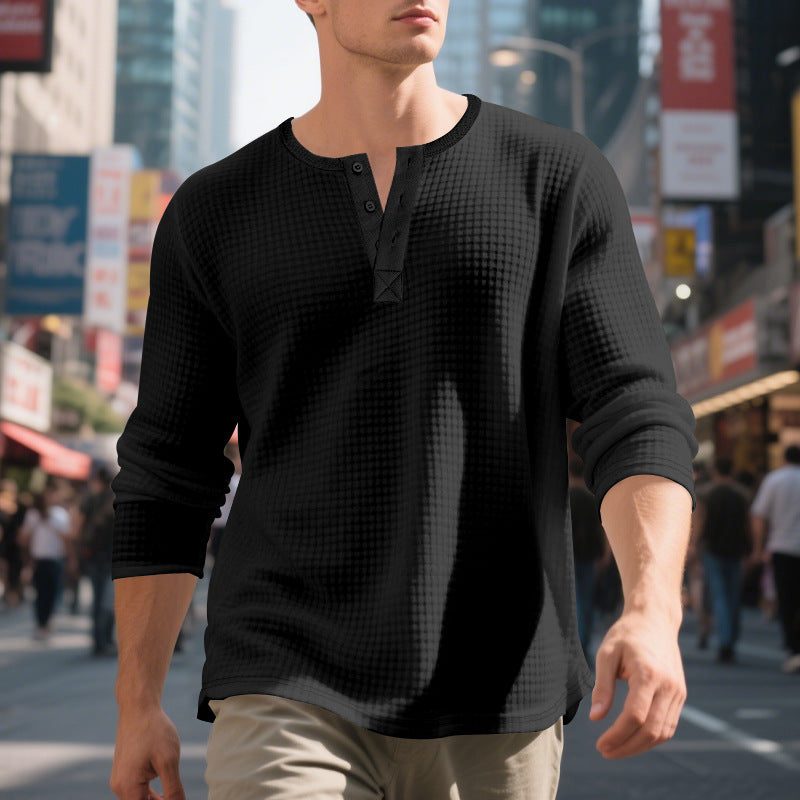 Herren nan Waffelstruktur-Henley-Langarmshirt mit Rundhalsausschnitt, mehrfacher Knopfleiste und entspannter Passform Drune