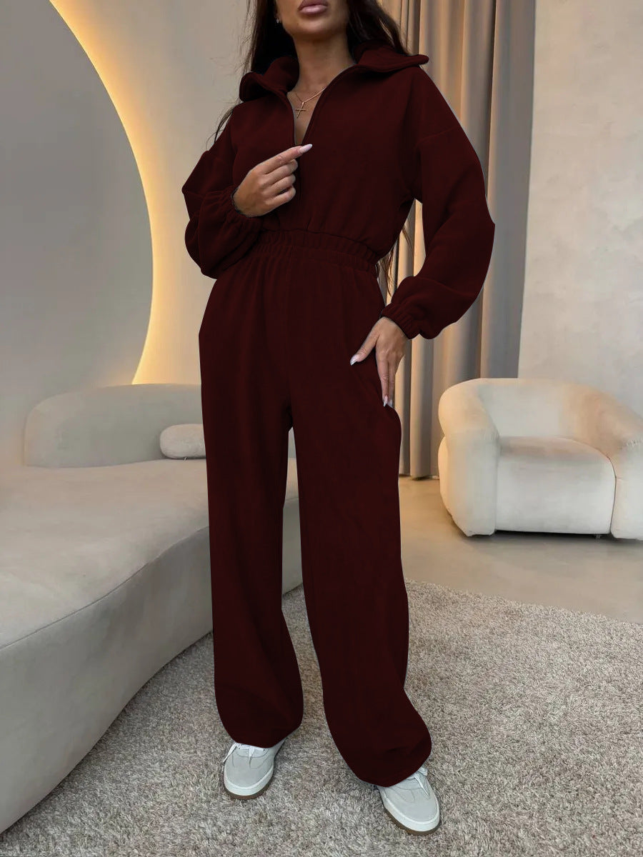 Damen Oversized Loungewear-Jumpsuit mit halbem Reißverschluss und elastischer Taillenraffung Drune