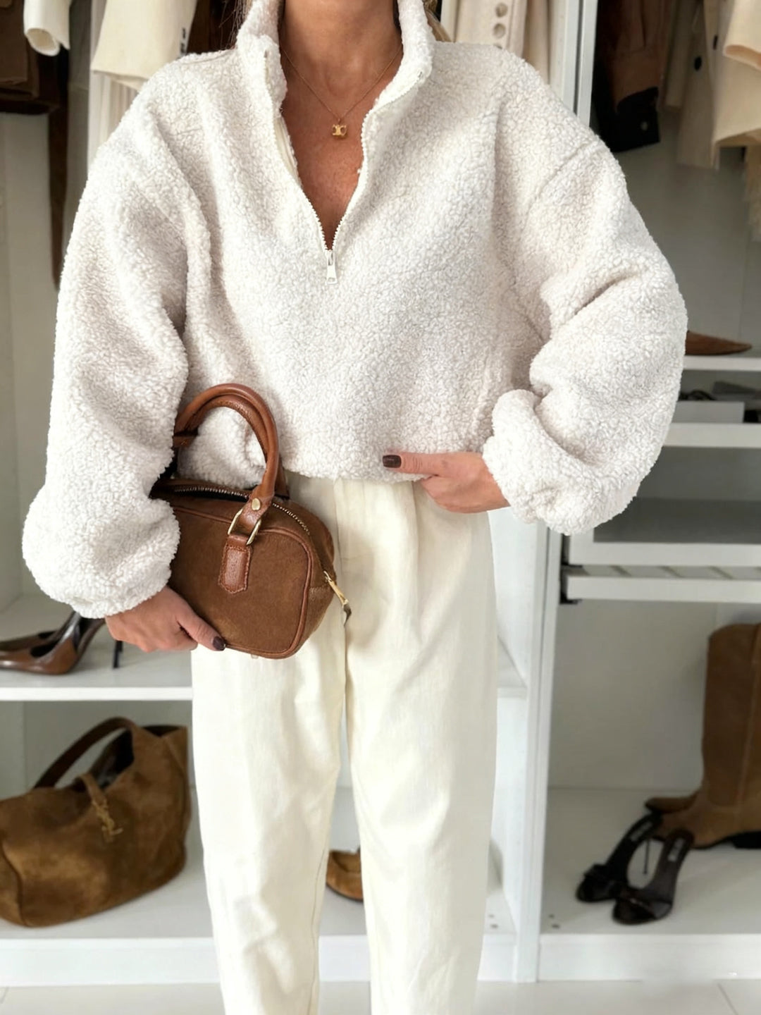 Damen kuscheliger Fleece-Pullover mit hohem Kragen und elastischen Ärmelbündchen Drune