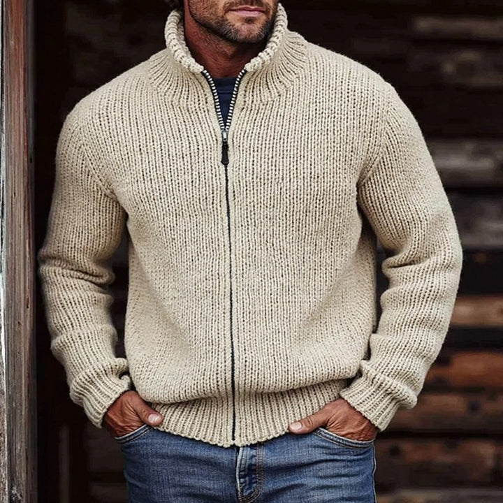 Herren Grobstrick-Cardigan mit Stehkragen und durchgehendem Reißverschluss Drune