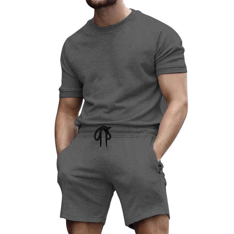 Herren nan kurzärmeliges Sweat-Set aus weichem Sweatstoff mit Rundhalsshirt und Kordelzug-Shorts Drune