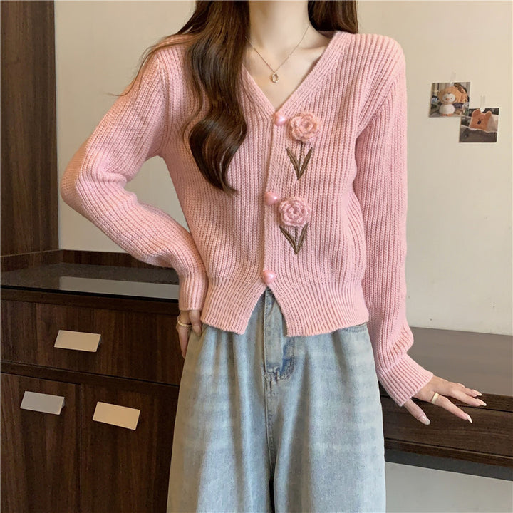 Damen Strickjacke mit floralen Applikationen und V-Ausschnitt Drune