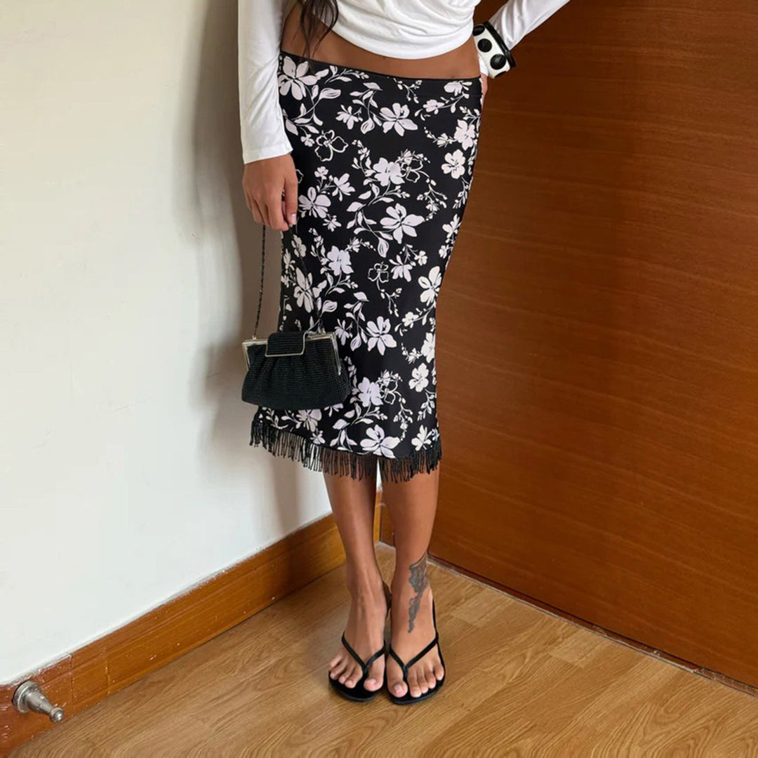 Damen Midirock Bleistiftrock mit floralem Print und Fransenbesatz Drune