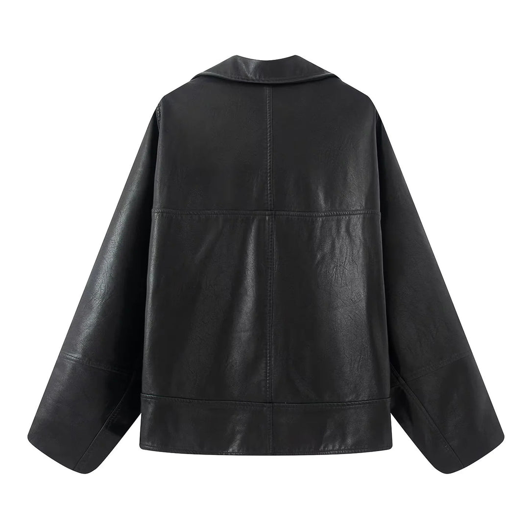 Damen nan kastiger Lederimitat-Blouson mit überlappendem Schalkragen und diagonal eingesetzten Taschen Drune