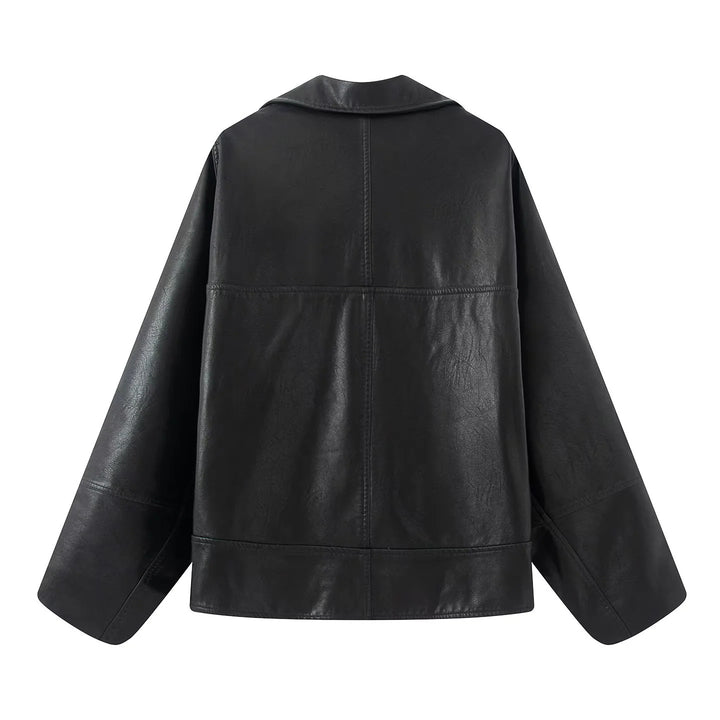 Damen nan kastiger Lederimitat-Blouson mit überlappendem Schalkragen und diagonal eingesetzten Taschen Drune