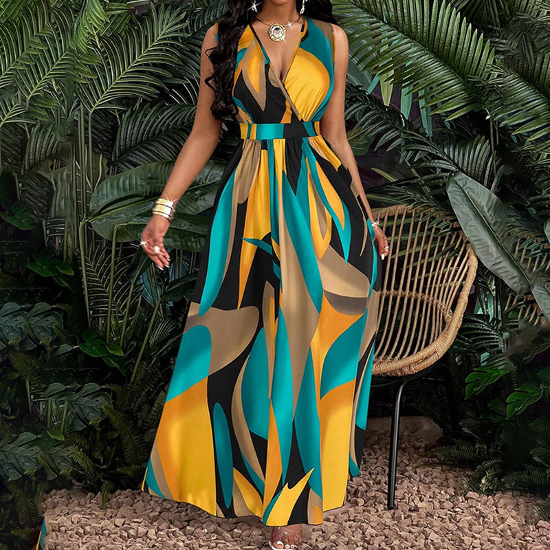 Damen Elegantes Maxikleid mit modernem, farbenprächtigen Design und tiefem V-Ausschnitt Drune