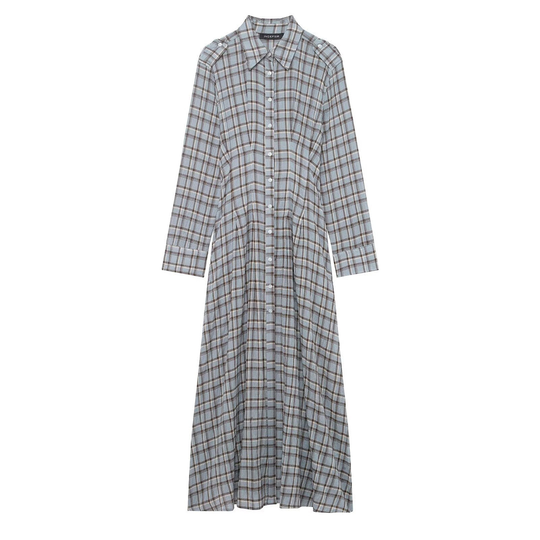 Damen Langes kariertes Hemdkleid mit durchgehender Knopfleiste und A‑Linien‑Silhouette Drune